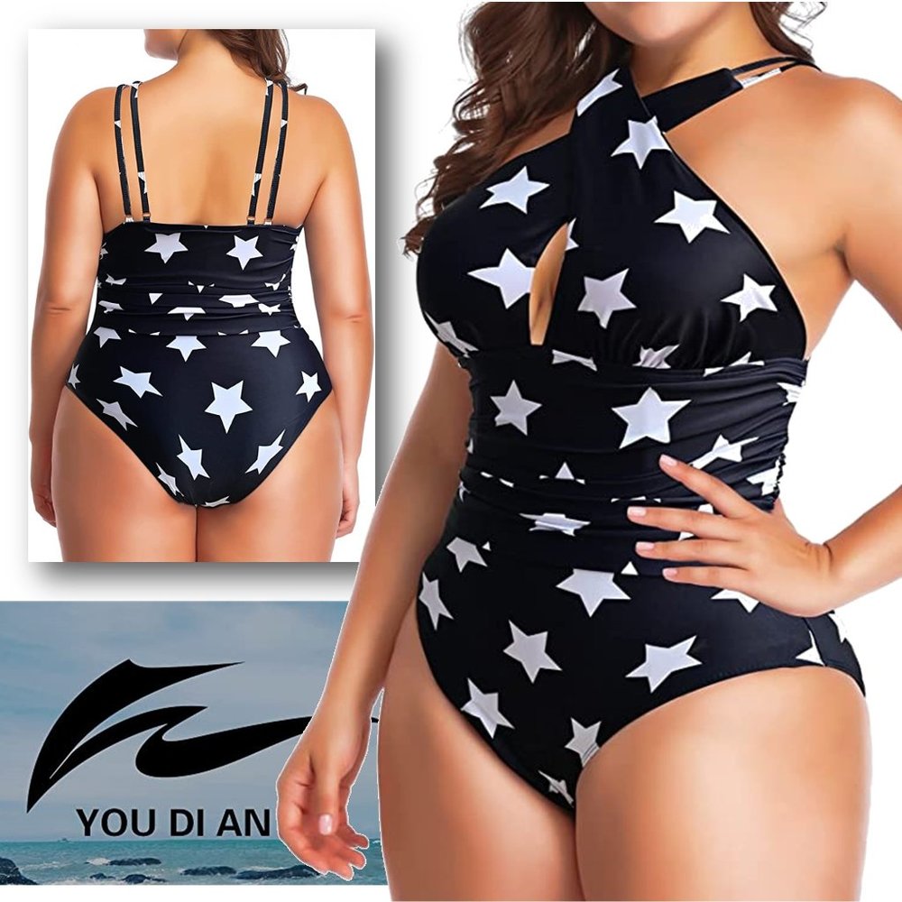 W YOU DI AN One Piece Front Cross White Stars Swimsuit NEW WITH TAGS!